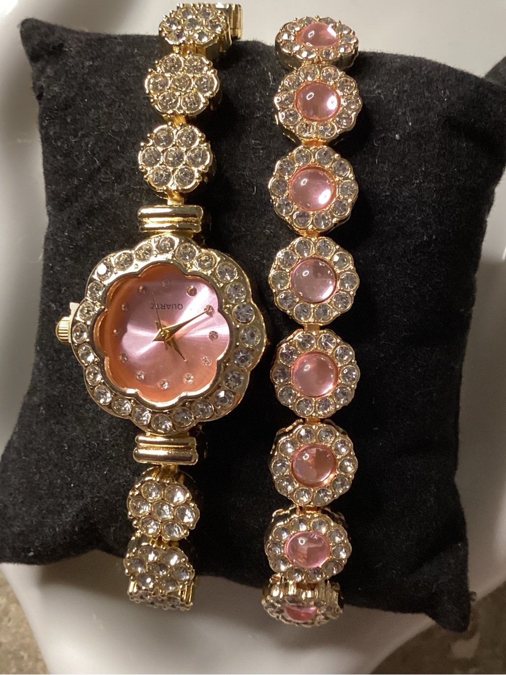 Gold-Tone Pink Crystal Floral Bracelet Watch Set